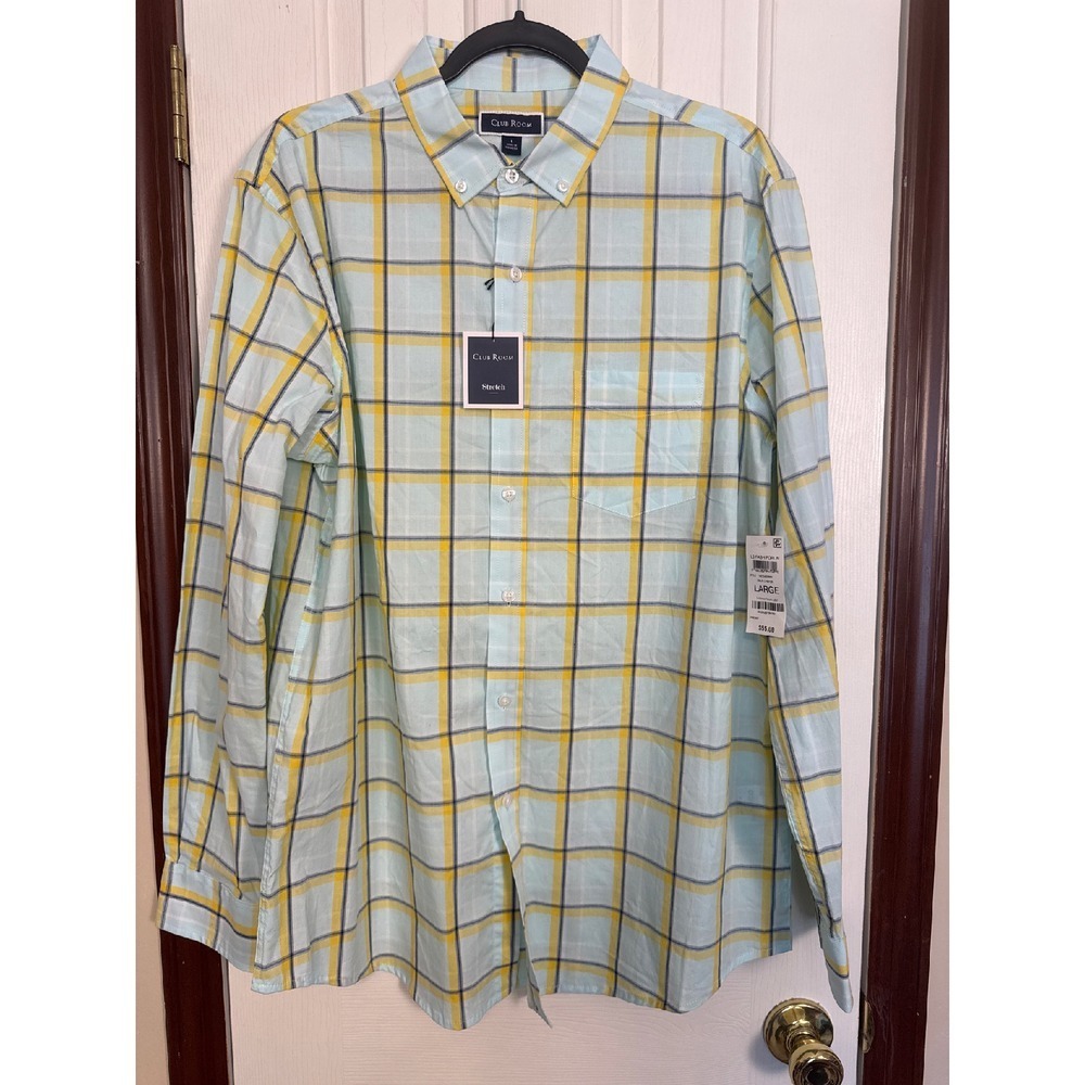 Club Room Stretch Poplin Shirt Plaid Long Sleeve‎ Button Down Blue Yellow L